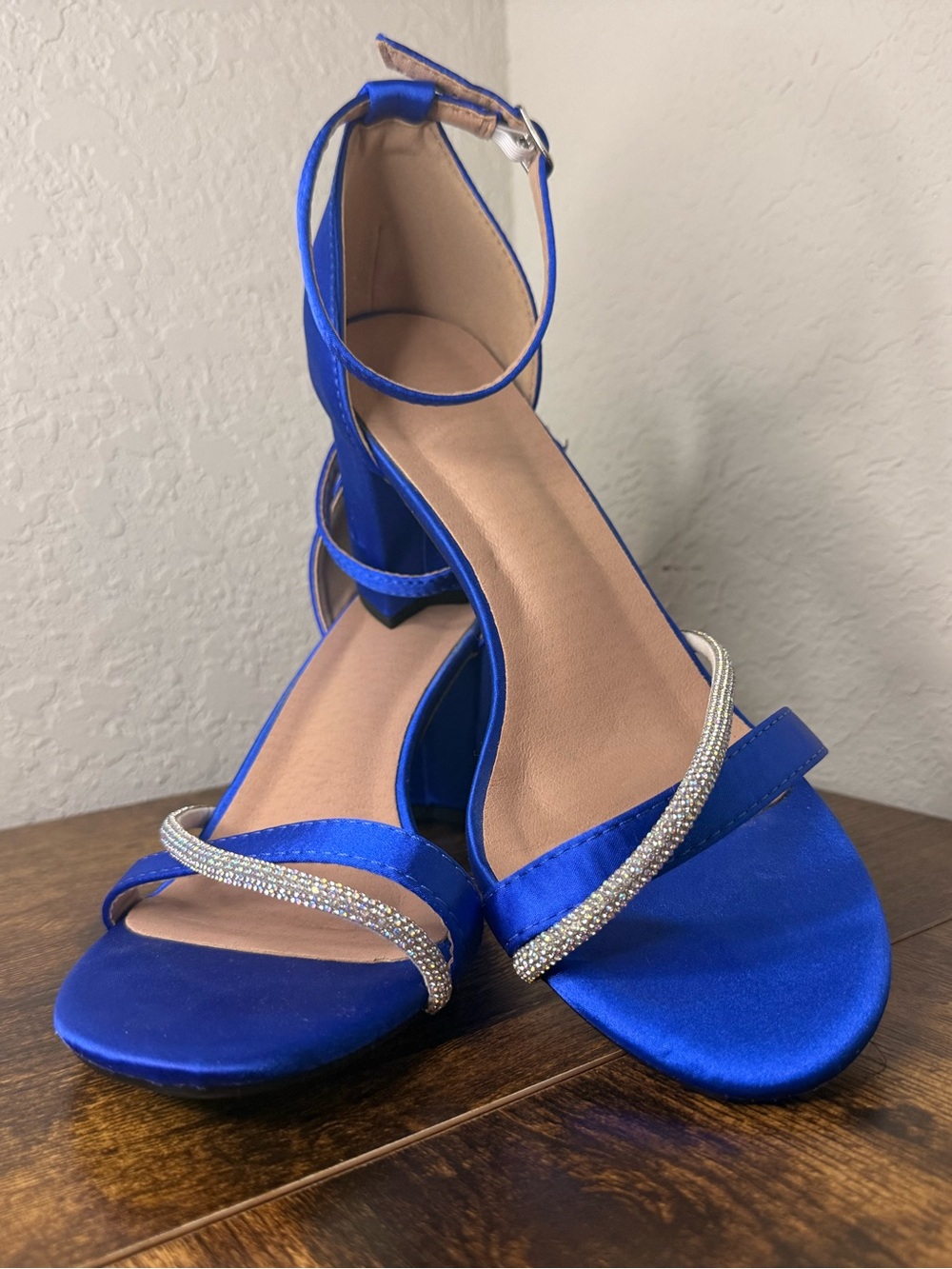 SHEIN Royal Blue Satin Block Heel Sandals with Rhinestone Straps